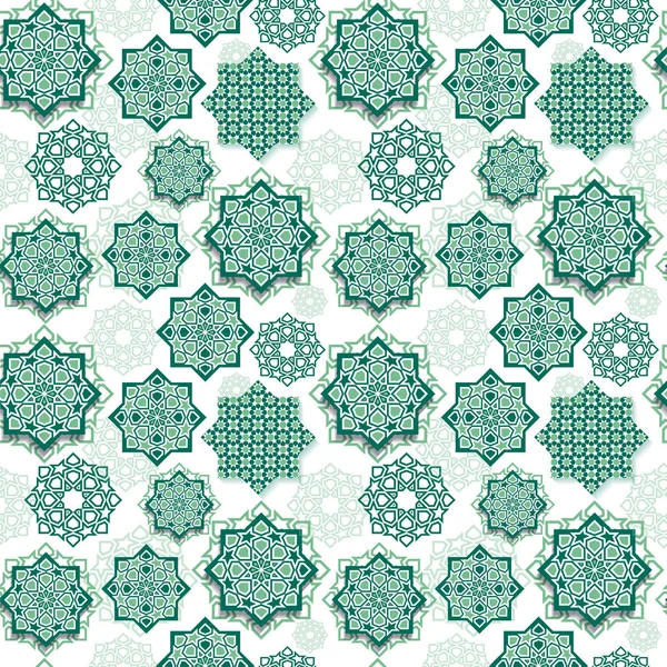 Festival gráfico de arte geométrica islâmica. Decoração de padrão sem costura em verde. Celebração Eid Mubarak . — Vetor de Stock