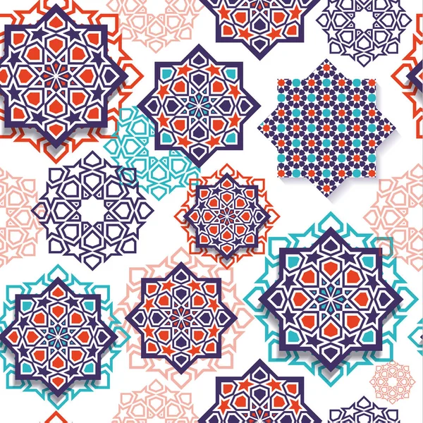 Festival gráfico de arte geométrica islâmica. Decoração de padrão sem costura em cores. Celebração Eid Mubarak . — Vetor de Stock