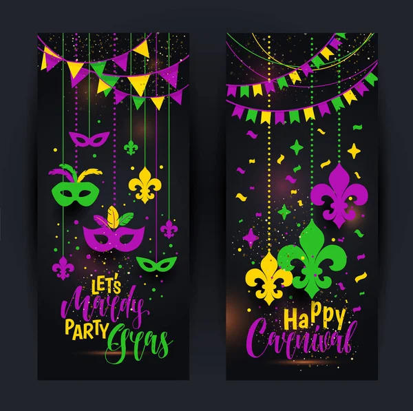 Pancartas verticales de color Mardi Gras engastadas con una máscara y fleur-de-lis, aisladas sobre fondo negro. Ilustración vectorial . — Archivo Imágenes Vectoriales