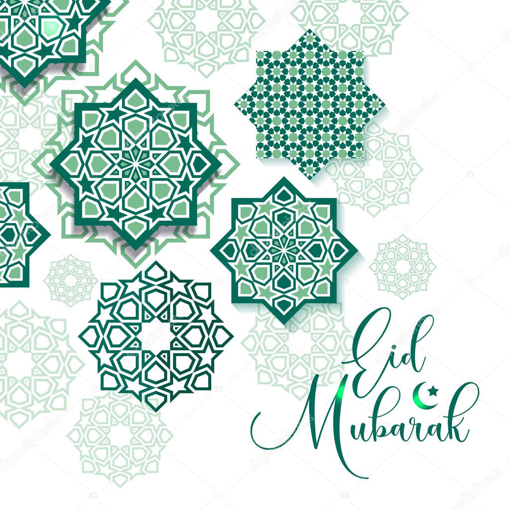 Festival graphic of islamic geometric art. Islamic decoration in green. Eid Mubarak celebration.