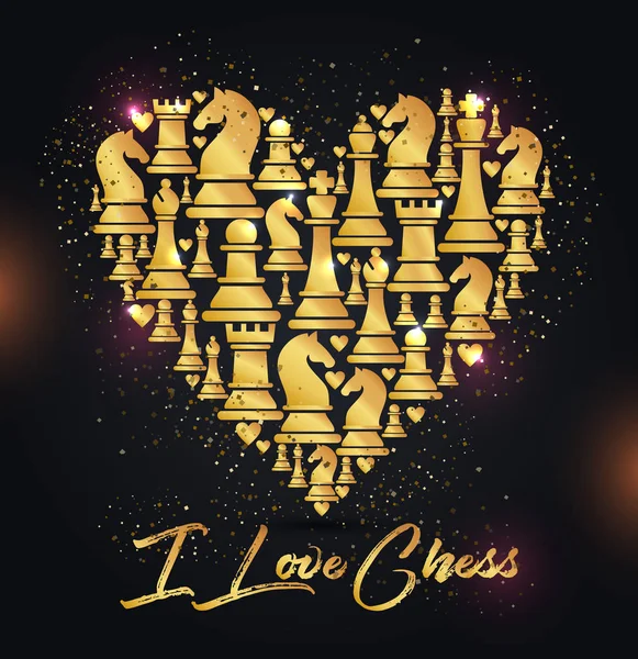 Szív arany sakkfigurák nyomtatni. Én szerelem a sakk design. — Stock Vector