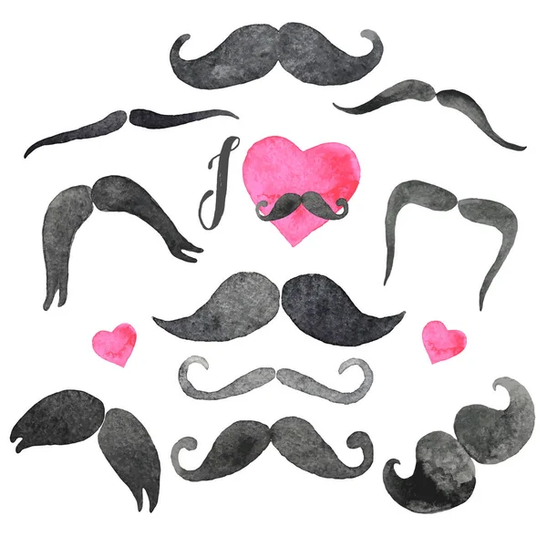 Mustaches definido em aquarelas. Elementos de design. Conjunto desenhado à mão. Ilustração vetorial . — Vetor de Stock