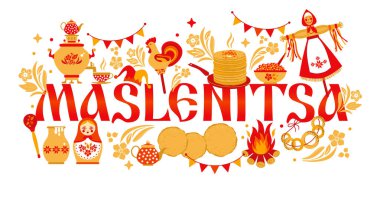 Vector set on the theme of the Russian holiday Carnival. Russian translation wide Shrovetide or Maslenitsa. clipart