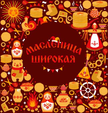 Vektör Rus tatil karnaval konulu ayarla. Rusça çeviri Shrovetide veya Maslenitsa.