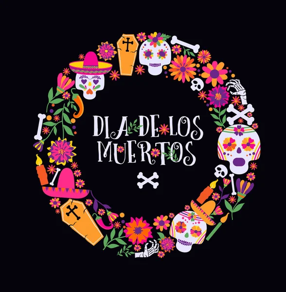 Día de los muertos, Día de los muertos, estandarte con coloridas flores e iconos mexicanos. Fiesta, cartel de vacaciones, volante de la fiesta, tarjeta de felicitación divertida — Vector de stock