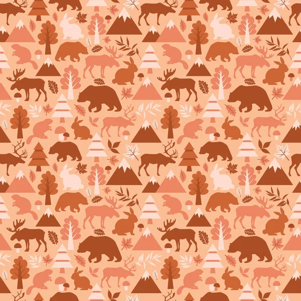 Seamless pattern with cute cartoon , elks, deers, bears, rabbits, beaver, deer, rabbits banny on peach background. Different plants. Funny forest animals. Children s illustration. — Stock Vector