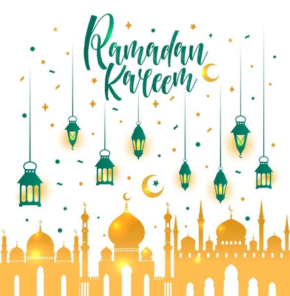 Ilustracja islamskich Ramadan Kareem z 3d latarnia Ładna i gwiazdy i księżyc Meczet. — Wektor stockowy