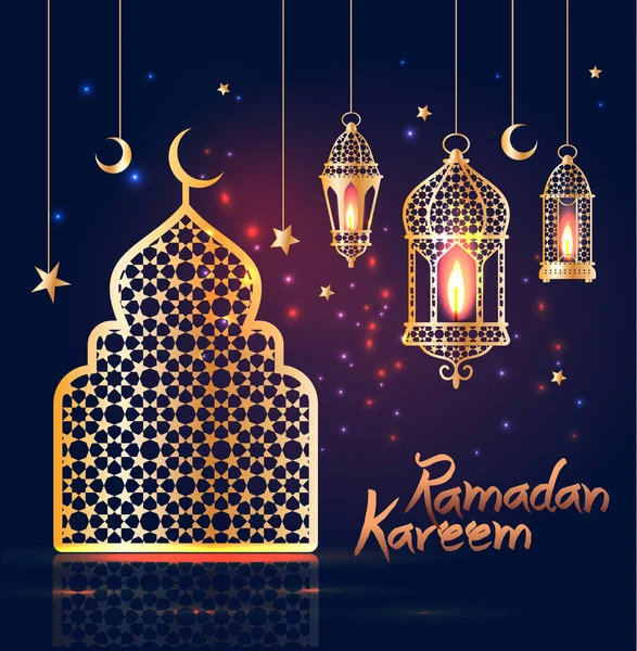 Ramadán Kareem ilustración islámica con 3d linterna linda y estrella y luna y mezquita . — Vector de stock