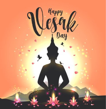 Vector illustration greeting card for Vesak day with lotus flower and buddhas silhouette. clipart