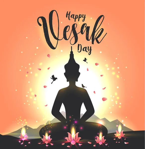 Biglietto di auguri per la giornata Vesak con fiore di loto e silhouette buddha . — Vettoriale Stock