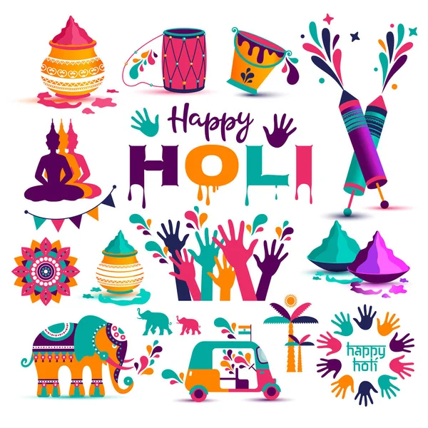 Set of Holi flat icons in indian style. Vector illustration — Stock Vector