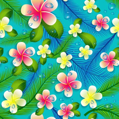 Güzel sorunsuz çiçek orman desen arka plan. Tropik çiçekler ve palmiye yaprakları