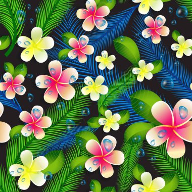 Güzel sorunsuz çiçek orman desen arka plan. Tropik çiçekler ve palmiye yaprakları