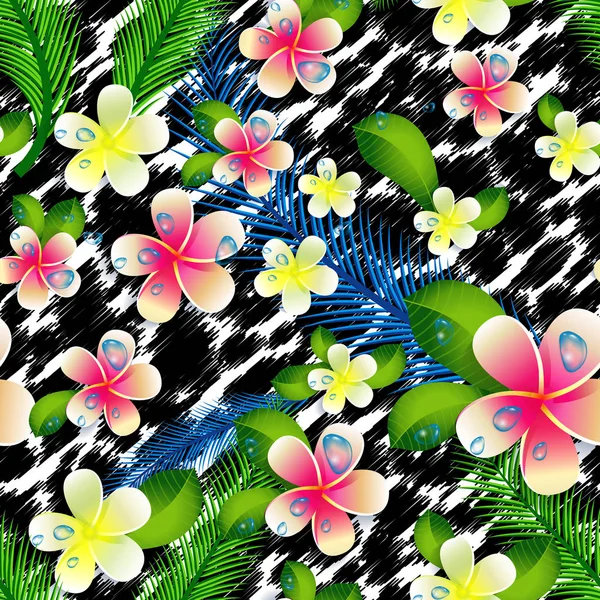 Hermoso fondo de patrón de selva floral sin costuras. Flores tropicales y hojas de palma sobre estampado de leopardo — Archivo Imágenes Vectoriales