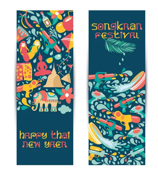 Songkran Festival, Thailand nyår, illustration av söta iconc fira. Plana designbanderoller på blå. — Stock vektor