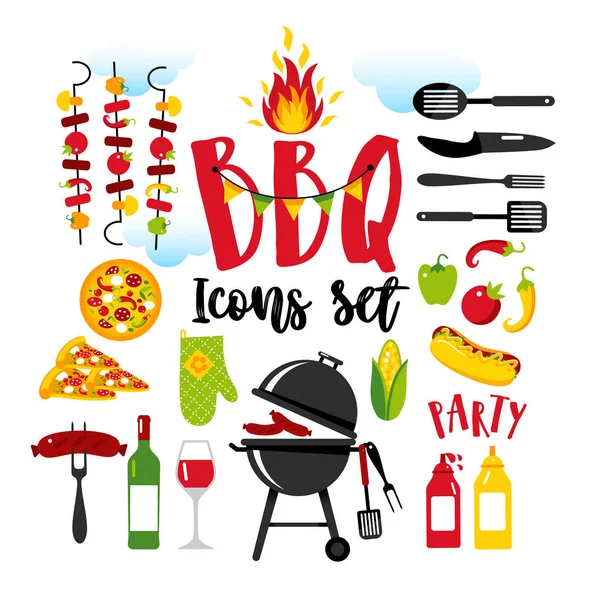 BBQ party set icons on white background with symbols of street food. — Stock Vector