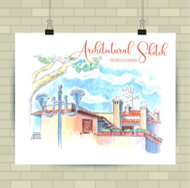 Vektör biçiminde çizim çizimi. Güzel peyzaj ve kentsel unsurları ile Poster. Elle çizilmiş illüstrasyon.