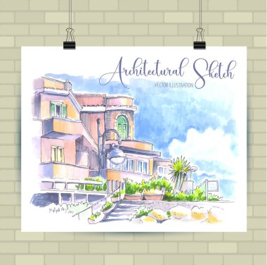 Vektör biçiminde çizim çizimi. Güzel peyzaj ve kentsel unsurları ile Poster. Elle çizilmiş illüstrasyon.