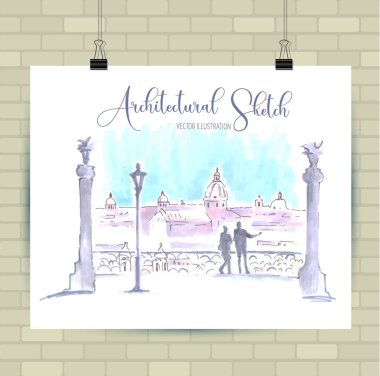 Vektör biçiminde çizim çizimi. Güzel peyzaj ve kentsel unsurları ile Poster. Elle çizilmiş illüstrasyon.