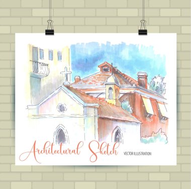 Vektör biçiminde çizim çizimi. Güzel peyzaj ve kentsel unsurları ile Poster. Elle çizilmiş illüstrasyon.