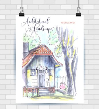 Vektör biçiminde çizim çizimi. Güzel peyzaj ve kentsel unsurları ile Poster. Elle çizilmiş illüstrasyon.