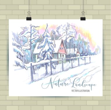 Vektör biçiminde çizim çizimi. Güzel peyzaj ve kentsel unsurları ile Poster. Elle çizilmiş illüstrasyon.