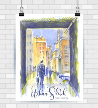 Vektör biçiminde çizim çizimi. Güzel peyzaj ve kentsel unsurları ile Poster. Elle çizilmiş illüstrasyon.