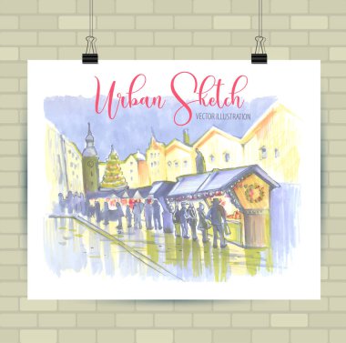 Vektör biçiminde çizim çizimi. Güzel peyzaj ve kentsel unsurları ile Poster. Elle çizilmiş illüstrasyon.
