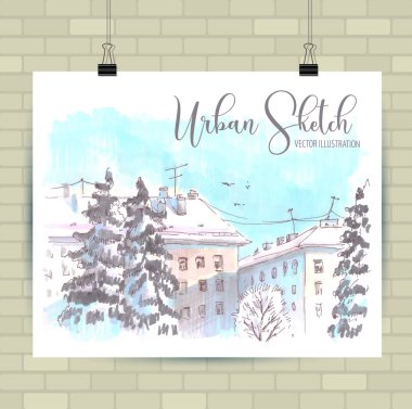 Vektör biçiminde çizim çizimi. Güzel peyzaj ve kentsel unsurları ile Poster. Elle çizilmiş illüstrasyon.