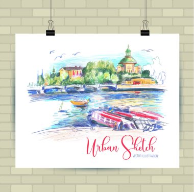 Vektör biçiminde çizim çizimi. Güzel peyzaj ve kentsel unsurları ile Poster. Elle çizilmiş illüstrasyon.