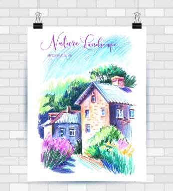 Vektör biçiminde çizim çizimi. Güzel peyzaj ve kentsel unsurları ile Poster. Elle çizilmiş illüstrasyon.