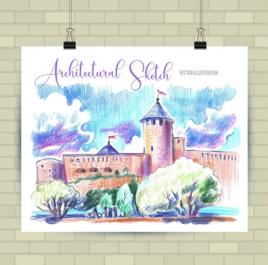 Vektör biçiminde çizim çizimi. Güzel peyzaj ve kentsel unsurları ile Poster. Elle çizilmiş illüstrasyon.
