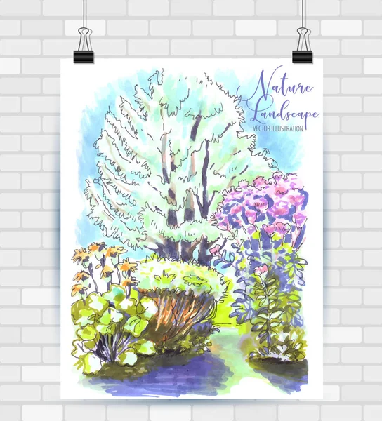 Vektör biçiminde çizim çizimi. Güzel peyzaj ve kentsel unsurları ile Poster. Elle çizilmiş illüstrasyon.