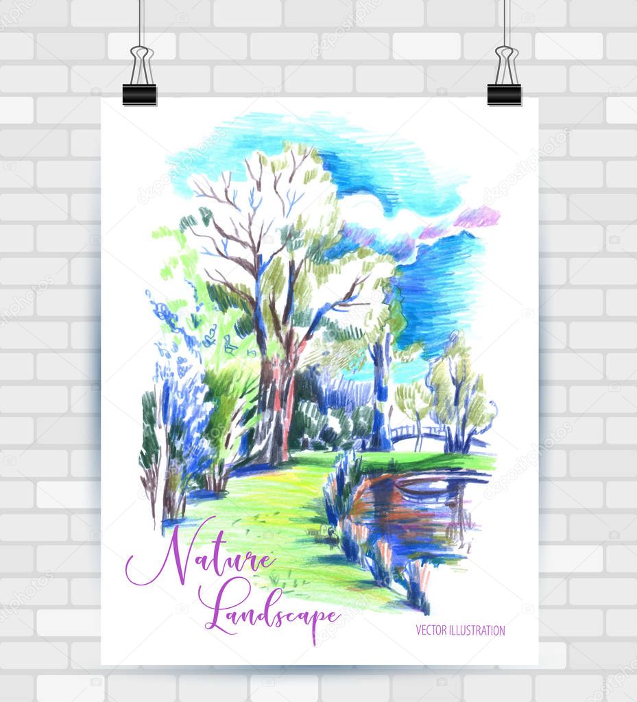 Sketching illustration in vector format. Poster with beautiful landscape and urban elements. Hand drawn illustration.