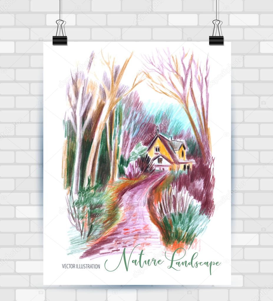 Sketching illustration in vector format. Poster with beautiful landscape and urban elements. Hand drawn illustration.