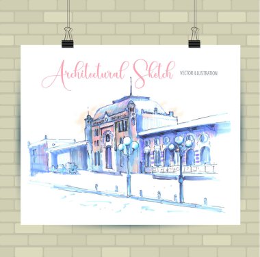 Vektör biçiminde çizim çizimi. Güzel peyzaj ve kentsel unsurları ile Poster. Elle çizilmiş illüstrasyon.