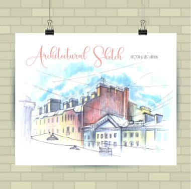 Vektör biçiminde çizim çizimi. Güzel peyzaj ve kentsel unsurları ile Poster. Elle çizilmiş illüstrasyon.