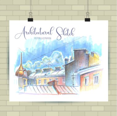 Vektör biçiminde çizim çizimi. Güzel peyzaj ve kentsel unsurları ile Poster. Elle çizilmiş illüstrasyon.