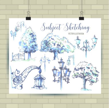 Vektör biçiminde çizim çizimi. Güzel ağaç ve kentsel unsurlar fener ile Poster. Elle çizilmiş illüstrasyon.