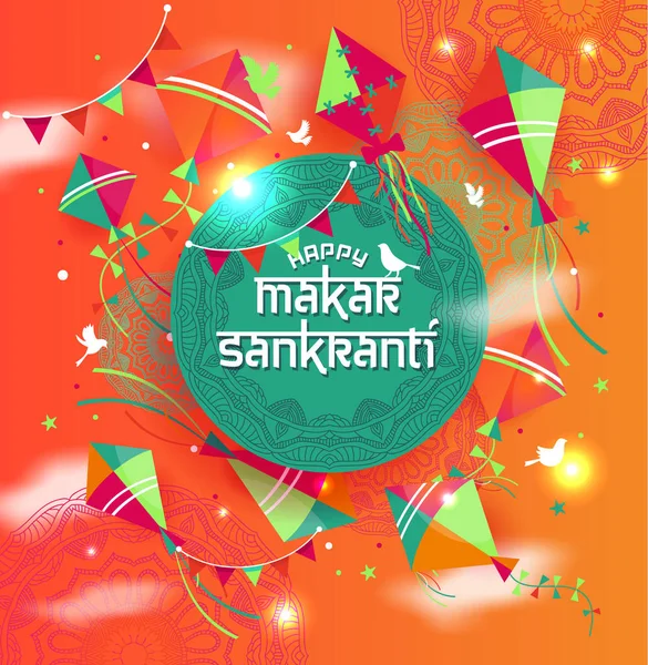 Illustrazione di Happy Makar Sankranti con stringa di aquilone colorato per il festival dell'India — Vettoriale Stock