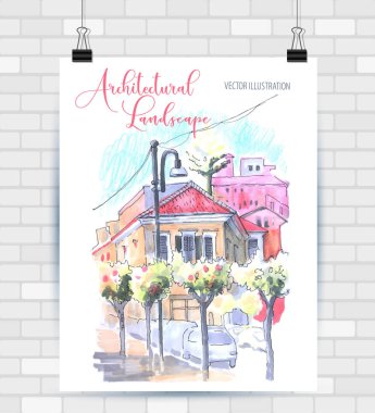 Vektör biçiminde çizim çizimi. Güzel peyzaj ve kentsel unsurları ile Poster. Elle çizilmiş illüstrasyon.