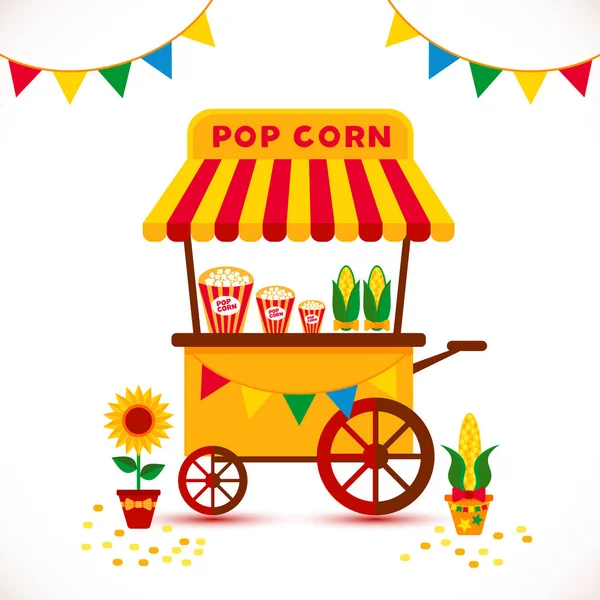 Popcorn Cart Carnival Store och Festival popcorn Cart. Cartoon. Godis majs container säljaren Cart. Popcorn Cart snack matmarknad platt vektor illustration på vit. — Stock vektor