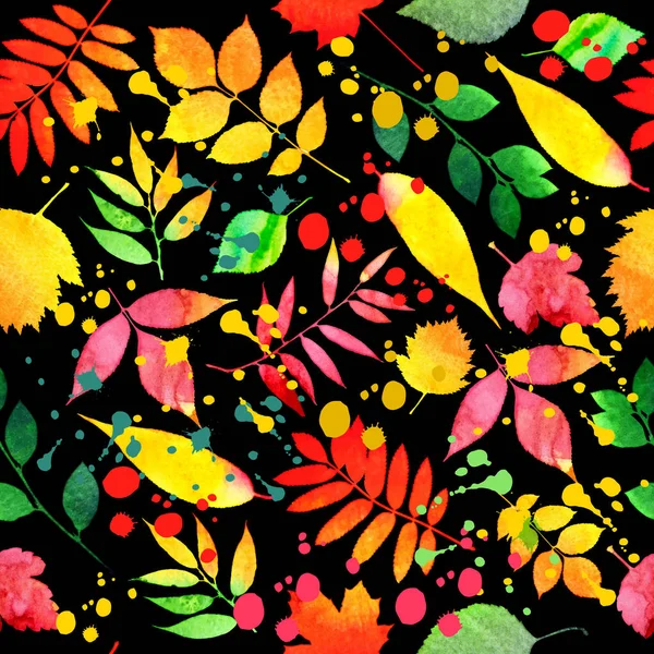 Vector watercolor autumn leaves collection in brught color. seamless pattern.