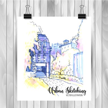Tasarımınız için elle çizilmiş Şehir Çizimi,Beyaz arka plan üzerinde renkli mürekkep veya işaretçilerçizilmiştir