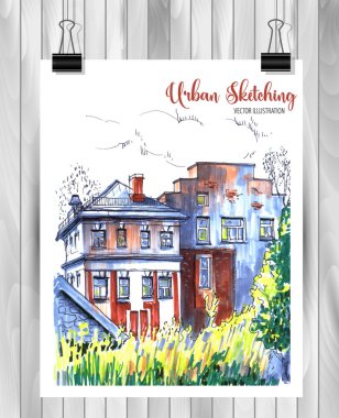 Tasarımınız için elle çizilmiş Şehir Çizimi,Beyaz arka plan üzerinde renkli mürekkep veya işaretçilerçizilmiştir