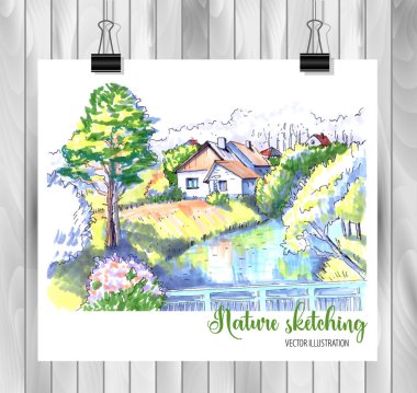 Tasarımınız için elle çizilmiş Şehir Çizimi,Beyaz arka plan üzerinde renkli mürekkep veya işaretçilerçizilmiştir