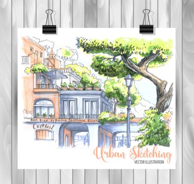 Tasarımınız için elle çizilmiş Şehir Çizimi,Beyaz arka plan üzerinde renkli mürekkep veya işaretçilerçizilmiştir