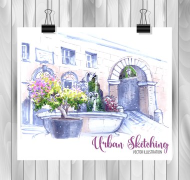 Tasarımınız için elle çizilmiş Şehir Çizimi,Beyaz arka plan üzerinde renkli mürekkep veya işaretçilerçizilmiştir