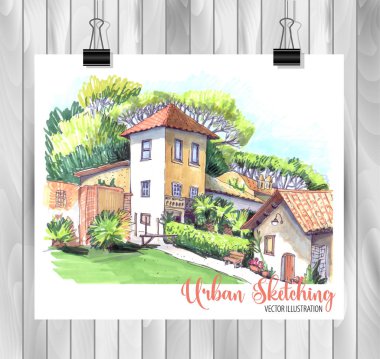 Tasarımınız için elle çizilmiş Şehir Çizimi,Beyaz arka plan üzerinde renkli mürekkep veya işaretçilerçizilmiştir