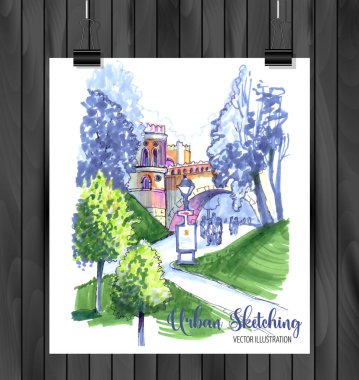 Tasarımınız için elle çizilmiş Şehir Çizimi,Beyaz arka plan üzerinde renkli mürekkep veya işaretçilerçizilmiştir